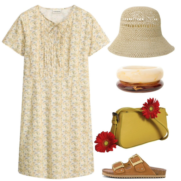 Outfit donna - Sulla terrazza. Stile Casual per Tutti i giorni. Abbinamento con vestiti corti, borse a spalla, braccialetti, cappelli, sandali.