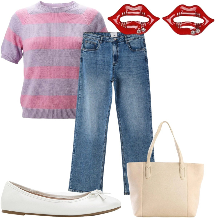 Outfit donna - Total look #2441355. Stile Trendy per Tutti i giorni. Abbinamento con ballerine, shopping bag, blazer, maglieria, jeans dritti.