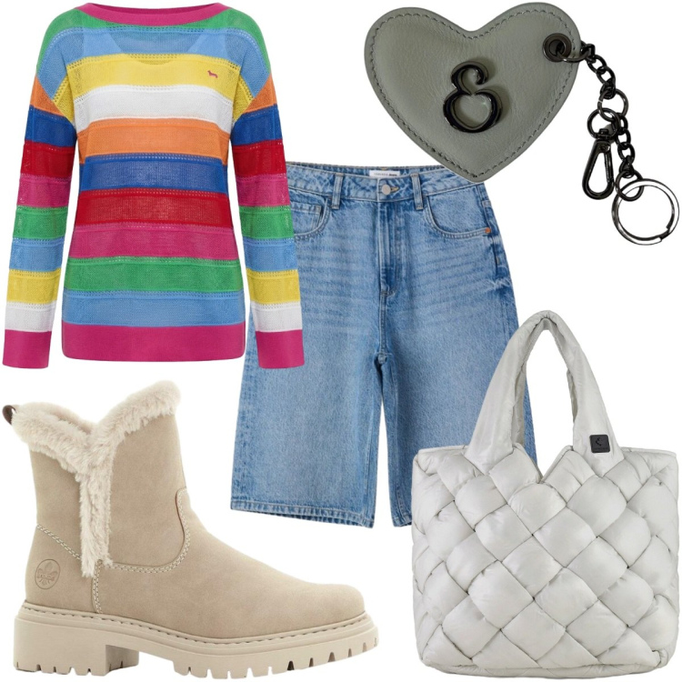 Outfit donna - Total look #2441367. Stile Trendy per Tutti i giorni. Abbinamento con stivaletti, maglieria, portachiavi, bermuda, borse tote.