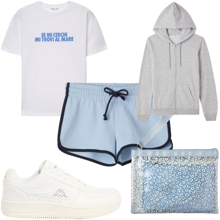 Outfit donna - Total look #2441368. Stile Basic per Sport. Abbinamento con sneakers, shorts, pochette, felpe con cappuccio, t-shirt.