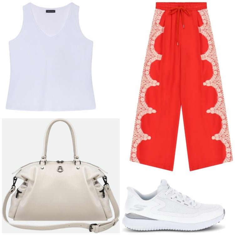 Outfit donna - Sunset Gold. Stile Etnico per Tutti i giorni. Abbinamento con shopping bag, canottiere, pantaloni a palazzo, sneakers.