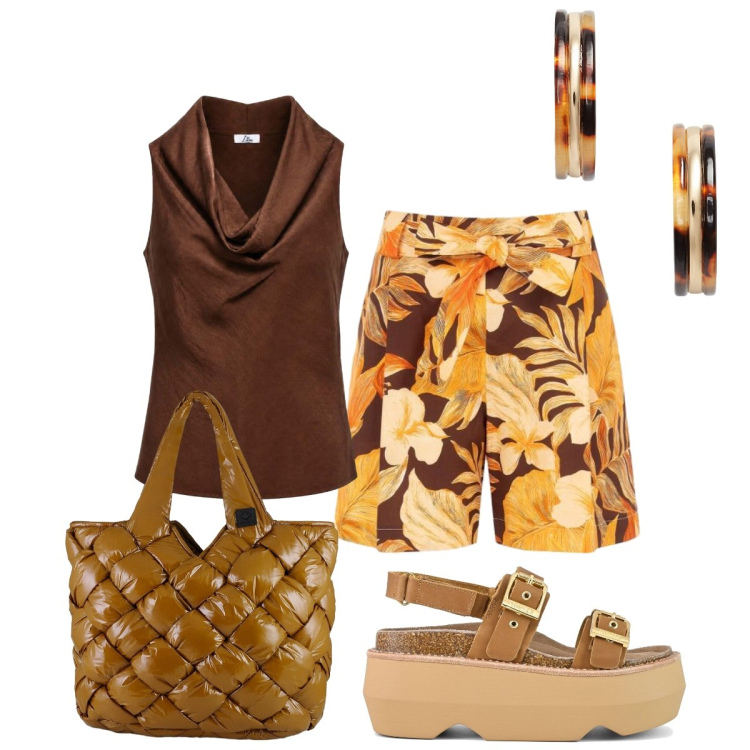 Outfit donna - Armonia cromatica. Stile Glamour per Tutti i giorni. Abbinamento con canottiere, borse tote, orecchini, pantaloni corti, sandali col tacco.