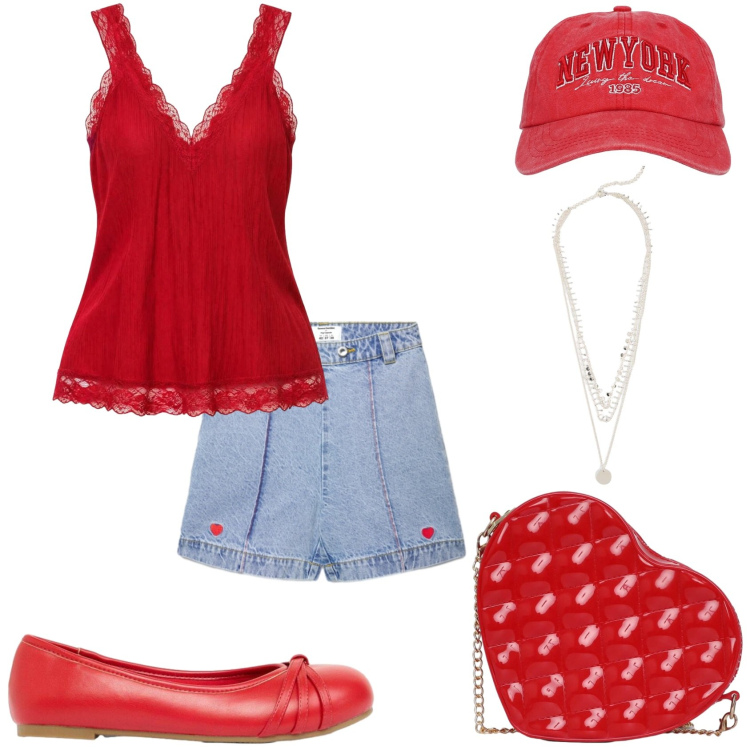 Outfit donna - In centro città. Stile Casual per Tutti i giorni. Abbinamento con collane, ballerine, cappelli, borse a tracolla, shorts, canottiere.