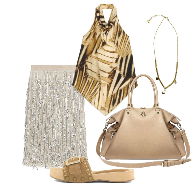 Outfit donna - Luglio. Stile Trendy per Serata fuori. Abbinamento con shopping bag, ciondoli, gonne longuette, top, ciabatte.