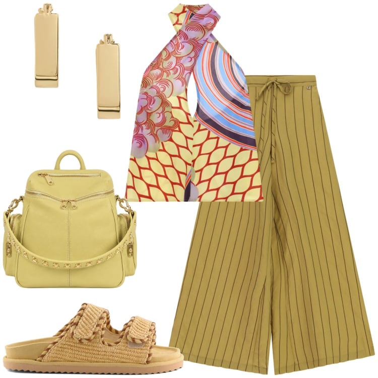 Outfit donna - Sera. Stile Casual chic per Serata fuori. Abbinamento con zaini, orecchini, pantaloni a palazzo, top, sandali.