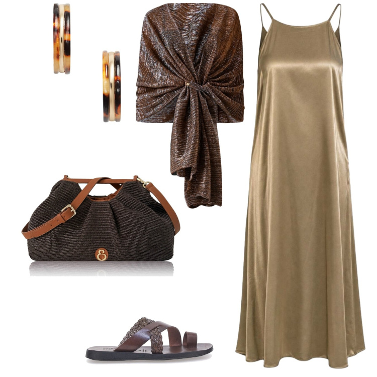 Outfit donna - Luce calda. per Serata fuori. Abbinamento con vestiti lunghi, clutch, orecchini, stole, ciabatte.