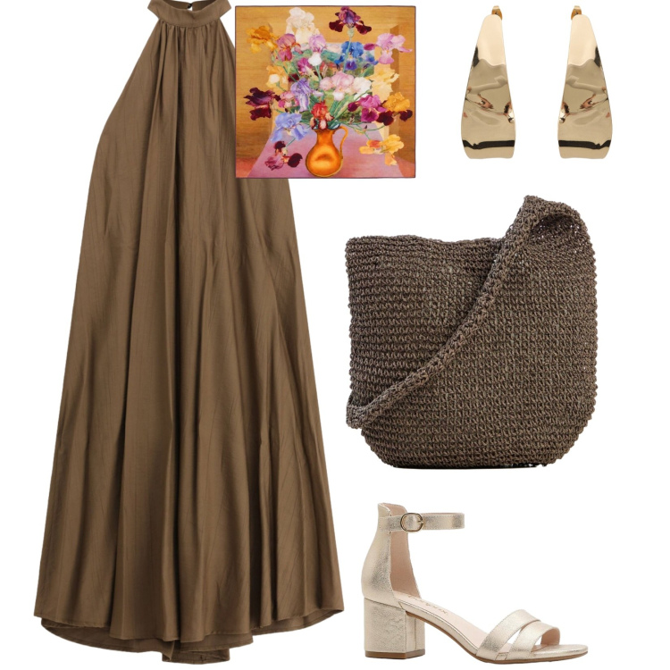 Outfit donna - Vacanze al sole. per Tutti i giorni. Abbinamento con shopping bag, sandali col tacco, foulard, orecchini, vestiti lunghi.