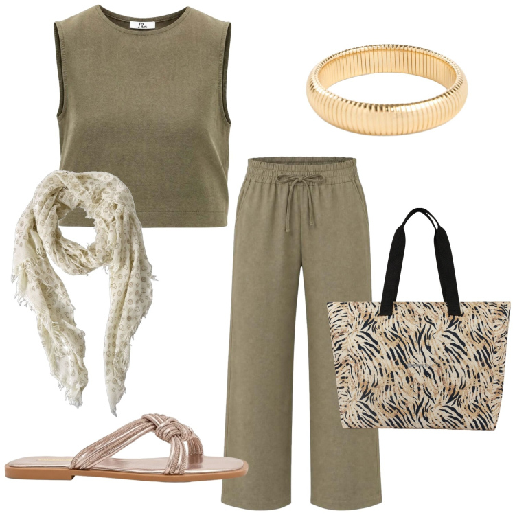 Outfit donna - Total look #2441423. Stile Sporty chic per Tutti i giorni. Abbinamento con braccialetti, pantaloni, top, sciarpe, shopping bag, sandali.
