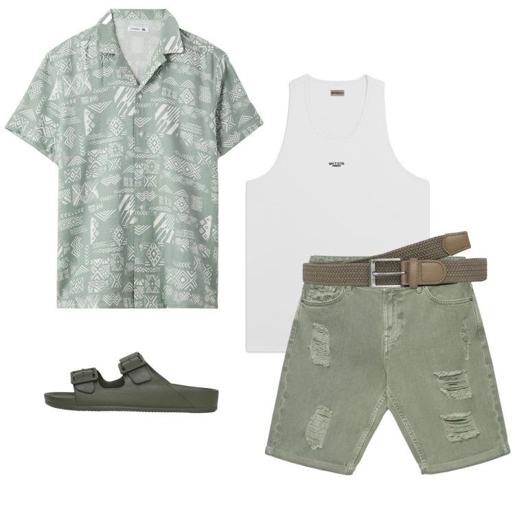 Outfit uomo - Total look #2441434. Stile Casual per Mare. Abbinamento con camicie a manica corta, cinture, bermuda, sandali, canottiere.