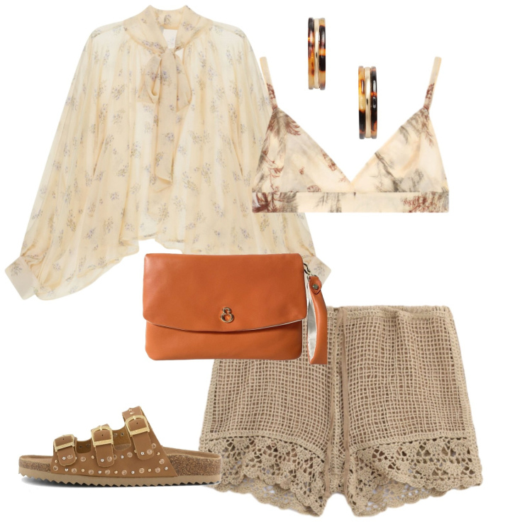 Outfit donna - Oro al tramonto. Stile Sporty chic per Serata fuori. Abbinamento con pochette, orecchini, top, shorts, bluse, sandali.