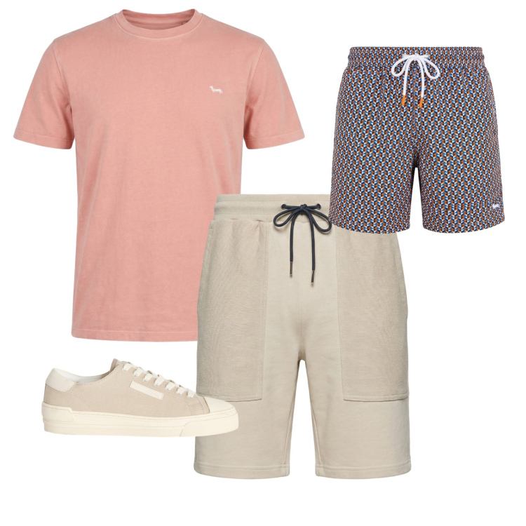 Outfit uomo - Total look #2441439. Stile Casual per Mare. Abbinamento con sneakers, t-shirt, pantaloni corti, costumi.