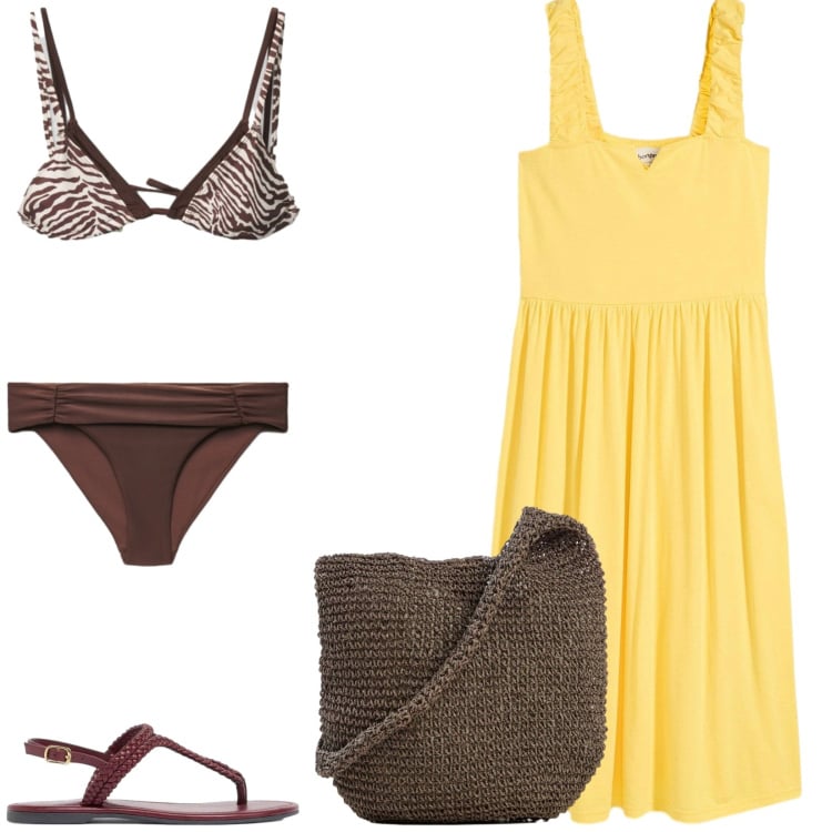 Outfit donna - Total look #2441441. Stile Casual chic per Mare. Abbinamento con shopping bag, vestiti, ciabatte, bikini, bikini.