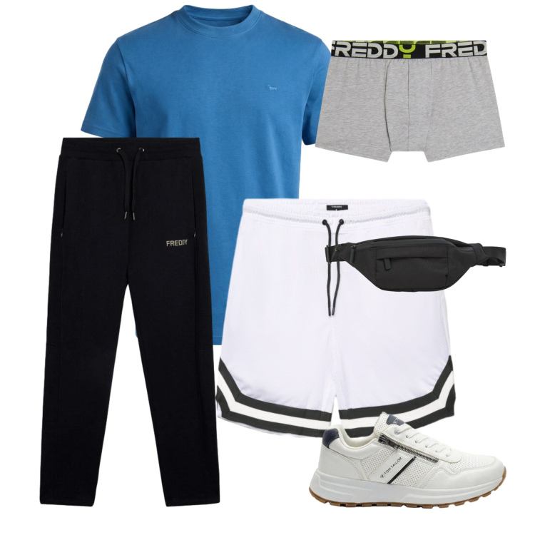Outfit uomo - Total look #2441443. Stile Urban per Sport. Abbinamento con sneakers, t-shirt, borse sportive, pantaloncini sportivi, boxer, pantaloni.