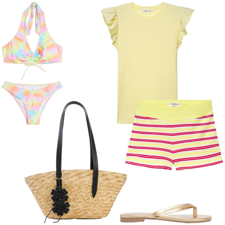 Outfit donna - Total look #2441447. Stile Casual per Mare. Abbinamento con shopping bag, bikini, sandali, shorts, t-shirt.