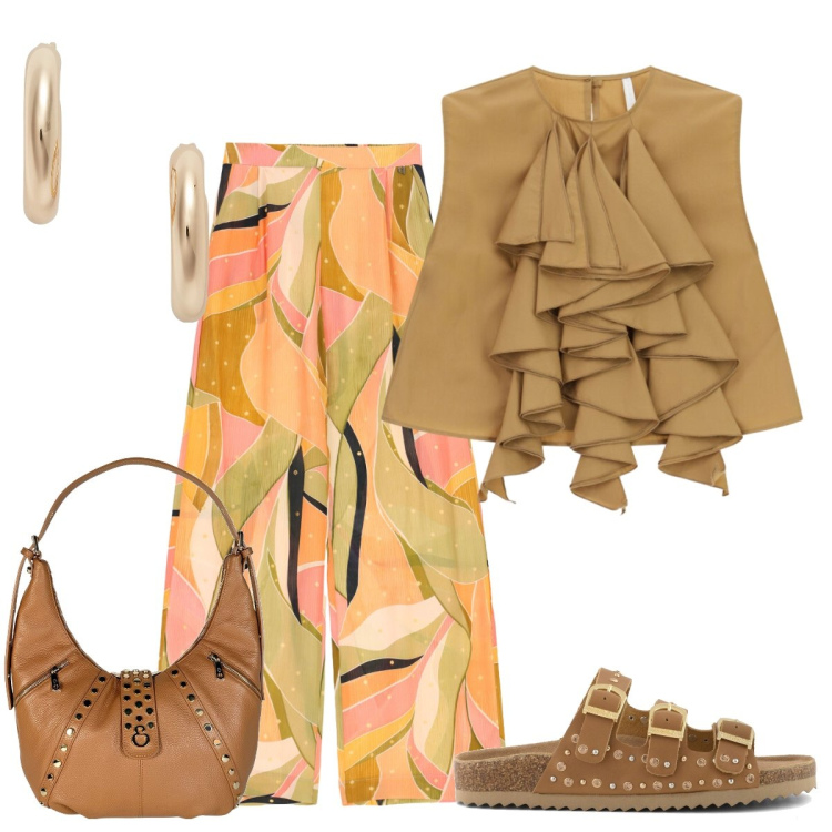 Outfit donna - Riflessi di tramonto. Stile Romantica per Serata fuori. Abbinamento con borse a spalla, orecchini, pantaloni a palazzo, top, sandali.