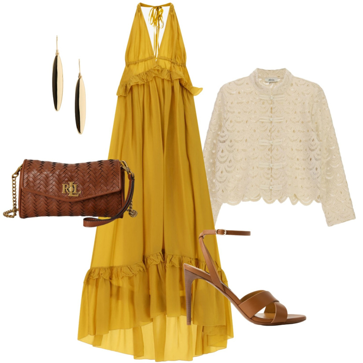 Outfit donna - Ocra al tramonto. Stile Boho per Serata fuori. Abbinamento con camicie, vestiti lunghi, sandali col tacco, portafogli, orecchini.