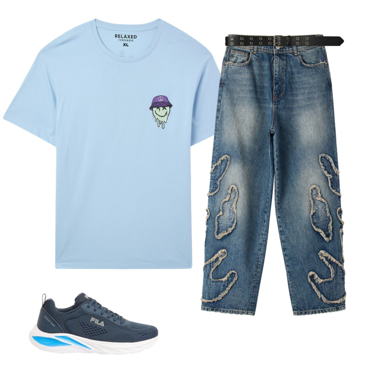 Outfit uomo - Total look #2441451. Stile Trendy per Tutti i giorni. Abbinamento con sneakers, t-shirt, cinture, jeans.