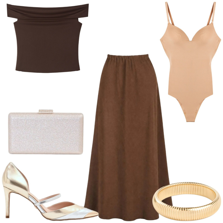 Outfit donna - Total look #2441452. Stile Glamour per Serata fuori. Abbinamento con braccialetti, gonne lunghe, top, body, décolleté, clutch.