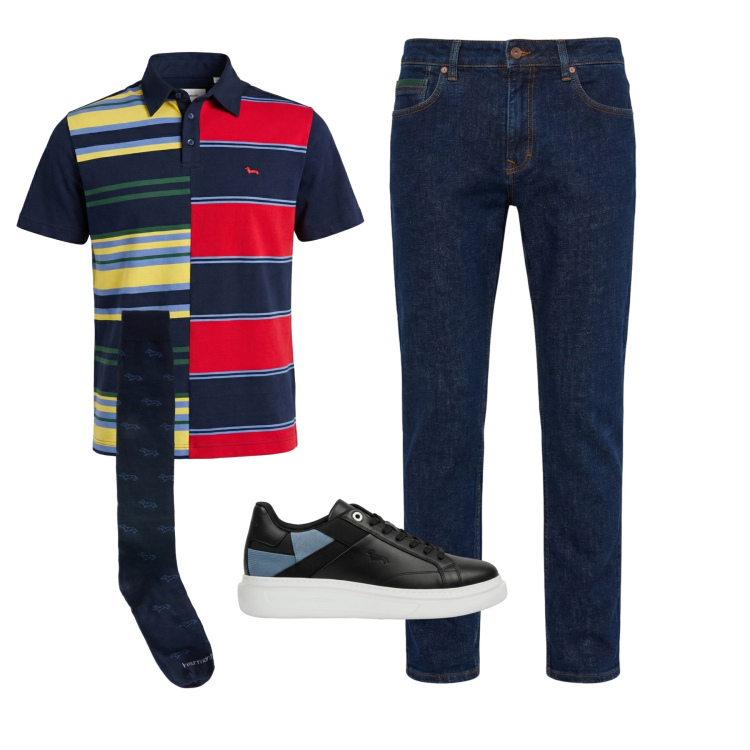 Outfit uomo - Total look #2441453. Stile Urban per Ufficio. Abbinamento con calzini, sneakers, jeans, polo.