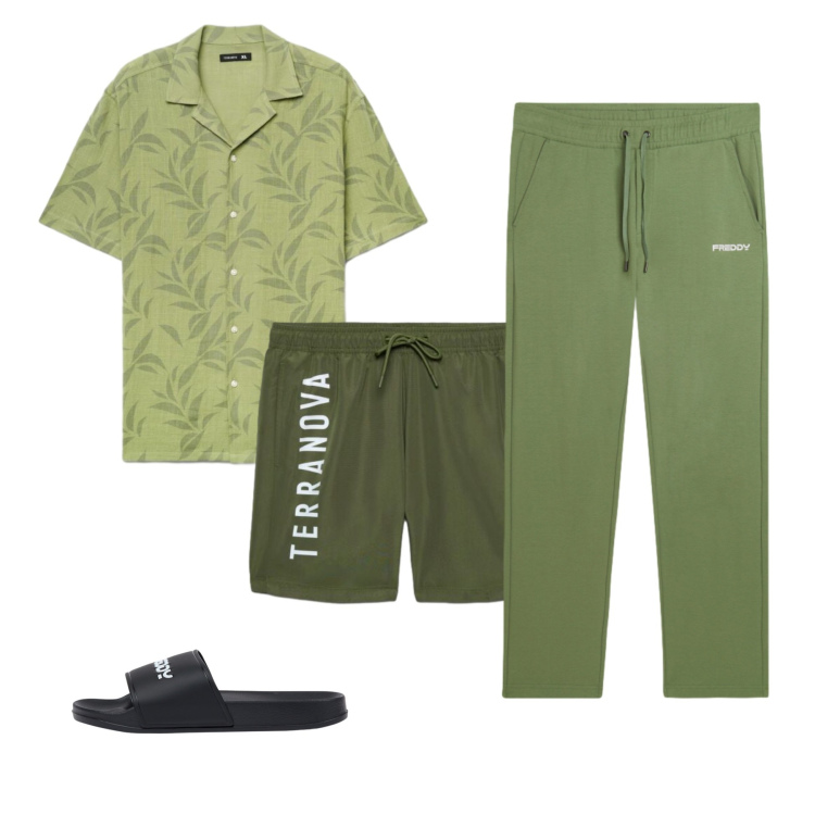 Outfit uomo - Total look #2441454. Stile Casual per Mare. Abbinamento con camicie a manica corta, costumi, pantaloni sportivi, sandali.