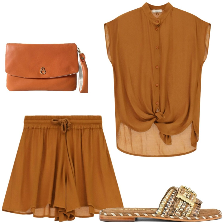 Outfit donna - Al sunset di fine luglio. Stile Chic per Tutti i giorni. Abbinamento con pochette, minigonne, camicie, ciabatte.