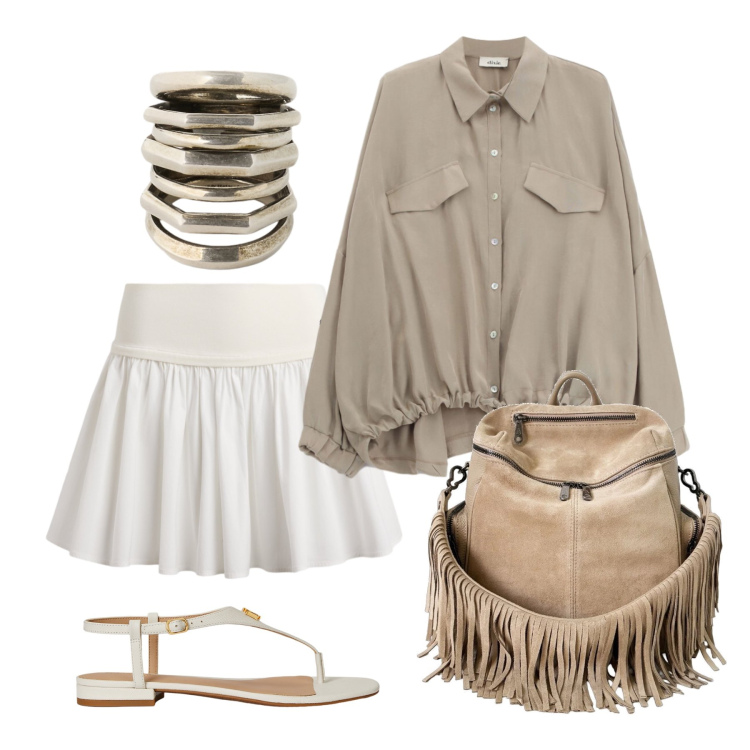 Outfit donna - Luglio. Stile Trendy per Tutti i giorni. Abbinamento con zaini, sandali in pelle, anelli, minigonne, camicie.