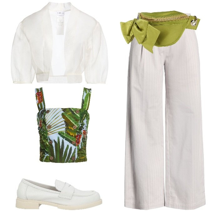 Outfit donna - TROPICAL CHIC! (Resort Wear). Stile Chic per Mare. Abbinamento con top, marsupi, blazer, pantaloni, mocassini.