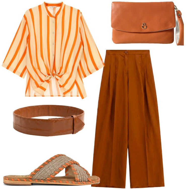 Outfit donna - La libertà dell\'estate. Stile Chic per Serata fuori. Abbinamento con pochette, camicie, cinture, pantaloni a palazzo, ciabatte.