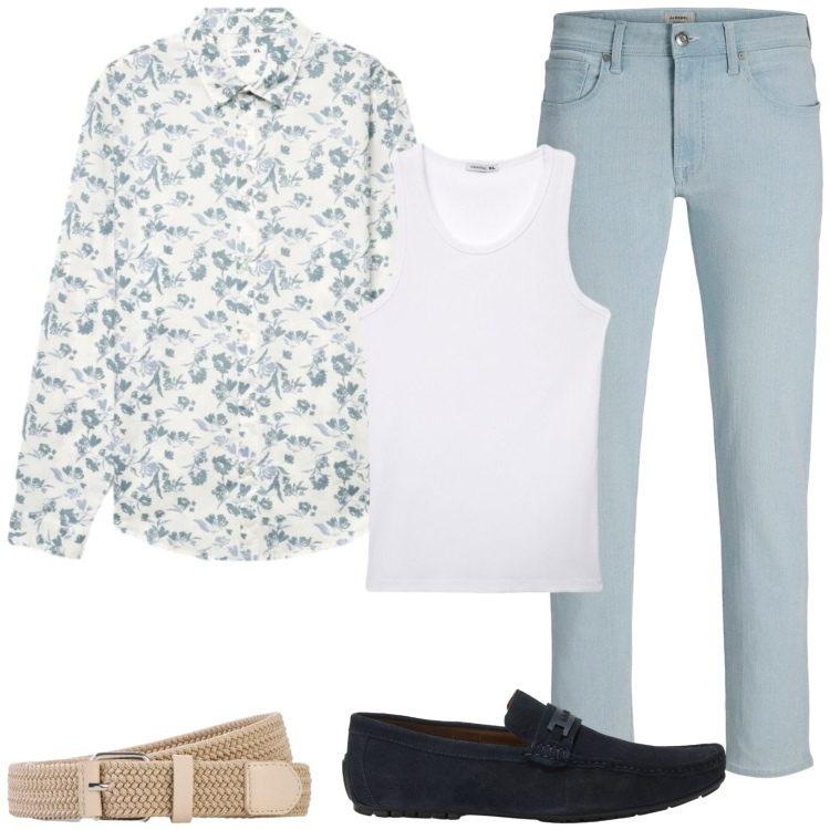 Outfit uomo - Denim e floreale!. Stile Casual per Tutti i giorni. Abbinamento con jeans slim fit, cinture, scarpe stringate, canottiere, camicie.