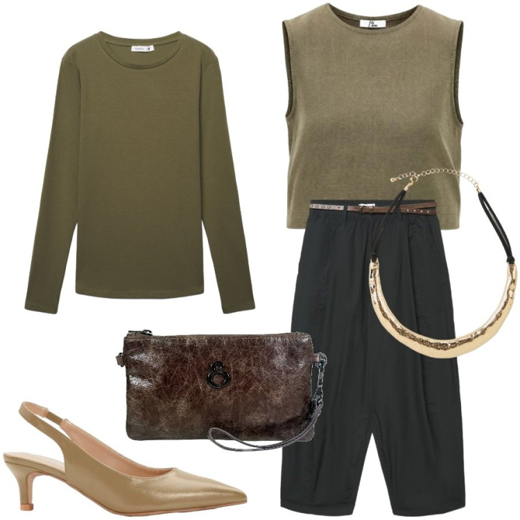 Outfit donna - In ufficio. Stile Casual chic per Ufficio. Abbinamento con décolleté, collane, top, pochette, pantaloni, t-shirt.
