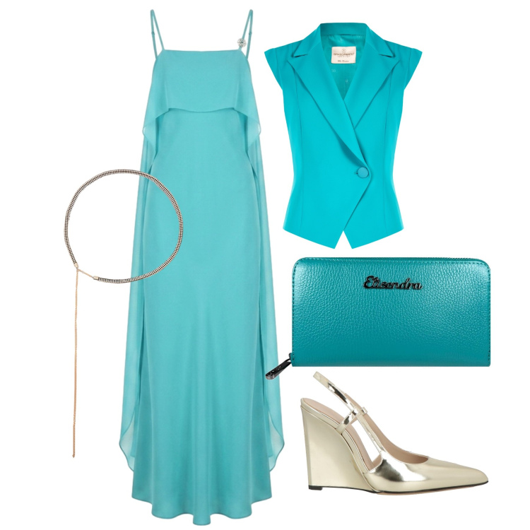 Outfit donna - Luglio. Stile Chic per Cerimonia. Abbinamento con décolleté, portafogli, gilet, cinture, vestiti lunghi.