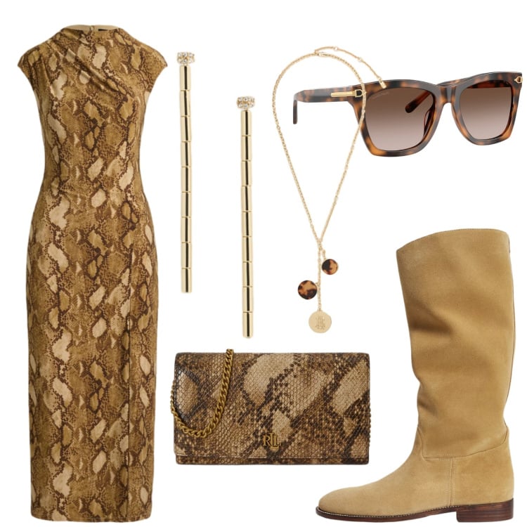 Outfit donna - Aperitivo e sunset. Stile Boho per Serata fuori. Abbinamento con vestiti midi/longuette, stivali, occhiali da sole, orecchini, borse a tracolla, collane.