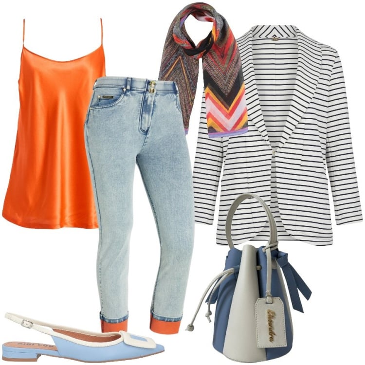 Outfit donna - Summer colours. Stile Casual chic per Tutti i giorni. Abbinamento con ballerine, sciarpe, top, blazer, borse a secchiello, jeans dritti.