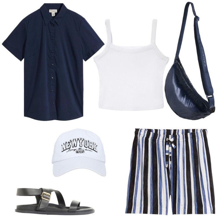 Outfit donna - Total look #2441490. Stile Casual per Mare. Abbinamento con sandali, shorts, camicie a manica corta, cappelli, canottiere, borse a tracolla.