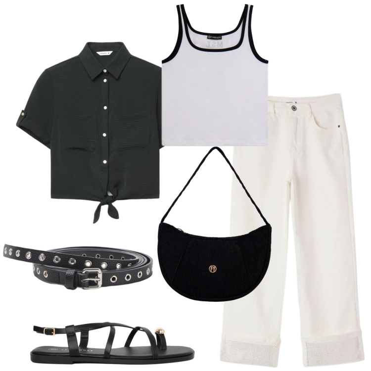Outfit donna - Total look #2441492. Stile Casual per Tutti i giorni. Abbinamento con camicie a manica corta, cinture, sandali, jeans, borse a mano, canottiere.