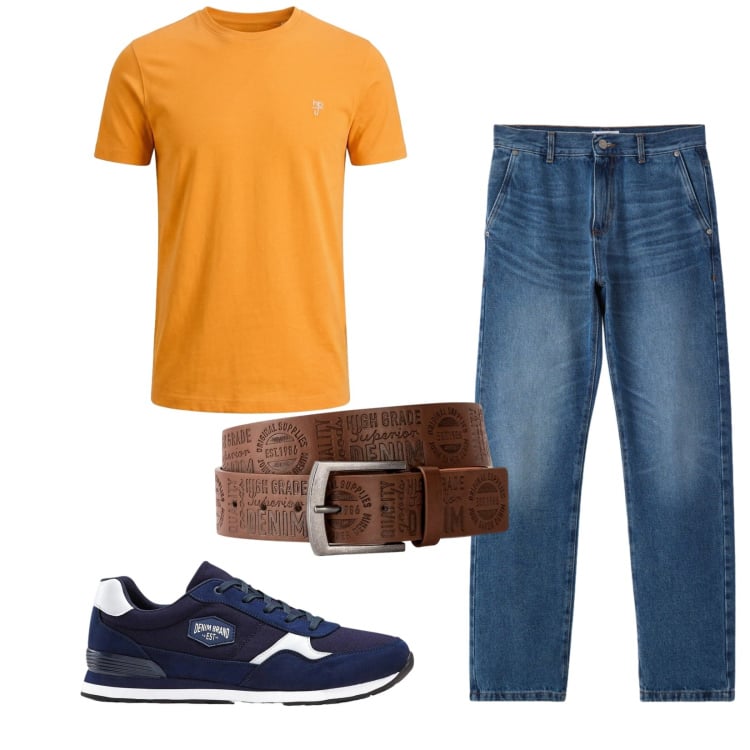 Outfit uomo - Total look #2441493. Stile Casual per Tutti i giorni. Abbinamento con sneakers, cinture, t-shirt, jeans dritti.