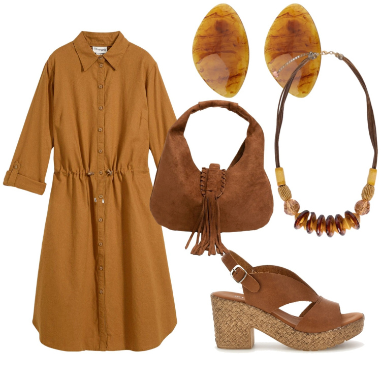 Outfit donna - Fresca serata. Stile Boho per Serata fuori. Abbinamento con collane, cappotti, borse a spalla, vestiti chemisier, sandali col tacco.