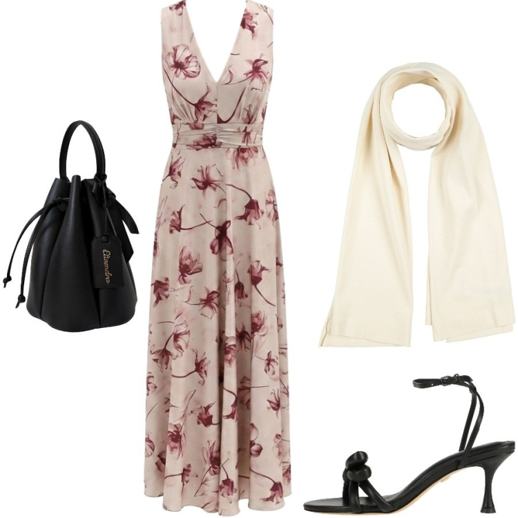 Outfit donna - Total look #2441500. Stile Chic per Serata fuori. Abbinamento con sciarpe, sandali in pelle, borse a secchiello, vestiti lunghi.