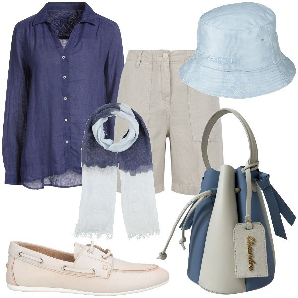 Outfit donna - Total look #2441507. Stile Casual chic per Tutti i giorni. Abbinamento con cappelli, mocassini, sciarpe, camicie, bermuda, borse a secchiello.