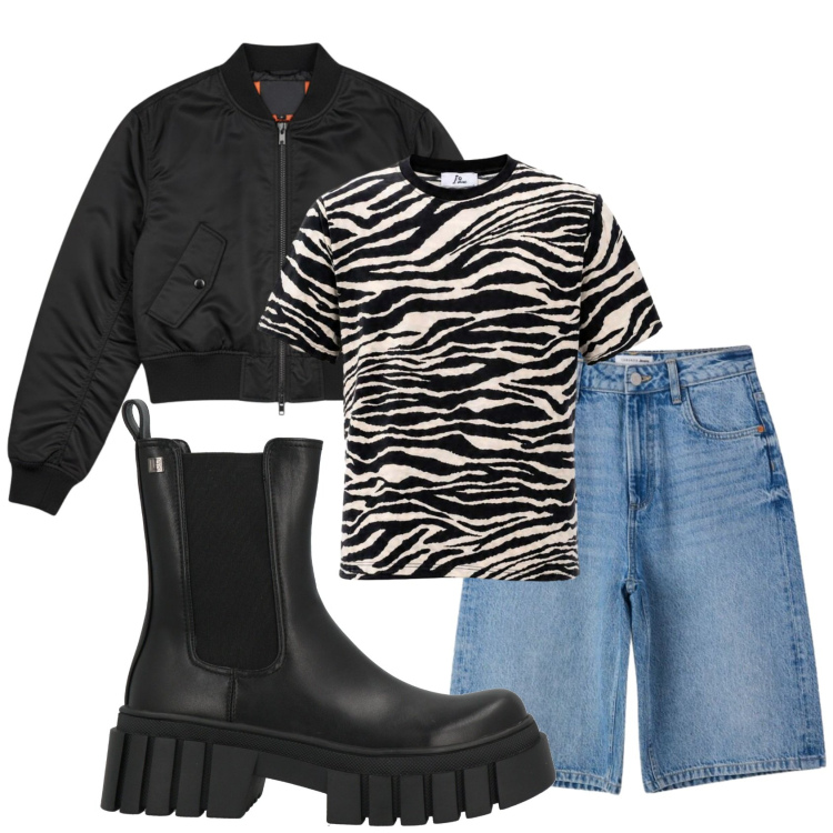 Outfit donna - Total look #2441514. Stile Rock per Tutti i giorni. Abbinamento con stivaletti, t-shirt, bermuda, bomber.