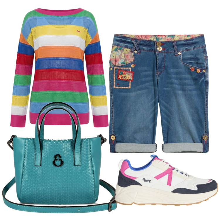 Outfit donna - Total look #2441516. Stile Casual per Tutti i giorni. Abbinamento con bermuda, sneakers, maglieria, borse a mano.