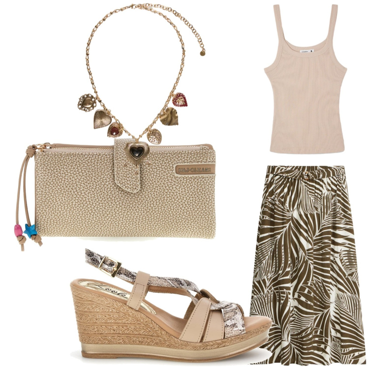 Outfit donna - Aperitivo in beige dorato. Stile Etnico per Serata fuori. Abbinamento con gonne, canottiere, collane, portafogli, zeppe.