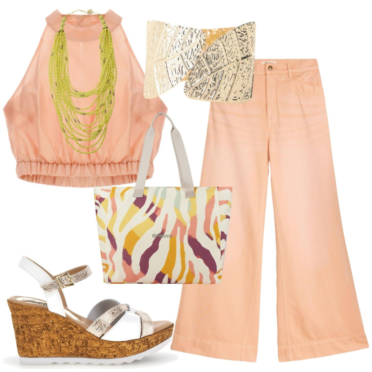 Outfit donna - Al Tramonto. Stile Casual chic per Serata fuori. Abbinamento con jeans, shopping bag, braccialetti, top, collane, zeppe.