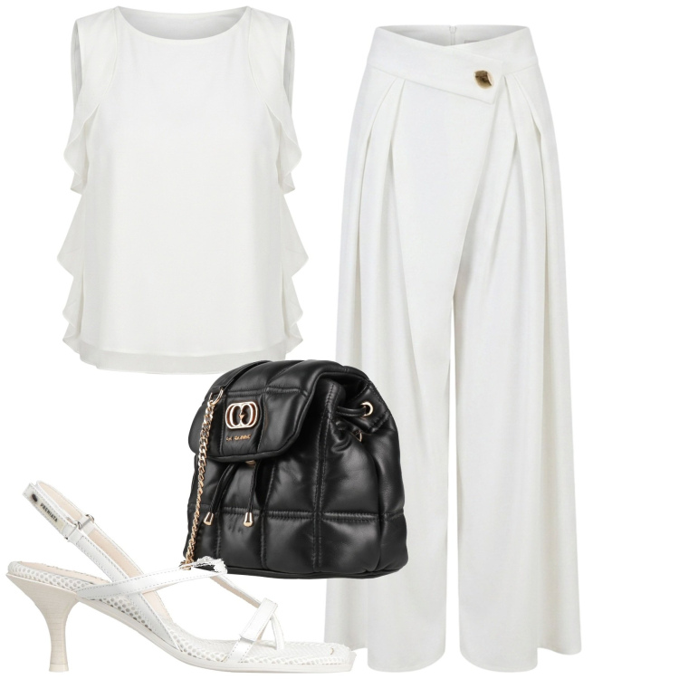 Outfit donna - Total look #2441536. Stile Minimal per Tutti i giorni. Abbinamento con valigie, infradito, top, pantaloni a palazzo.