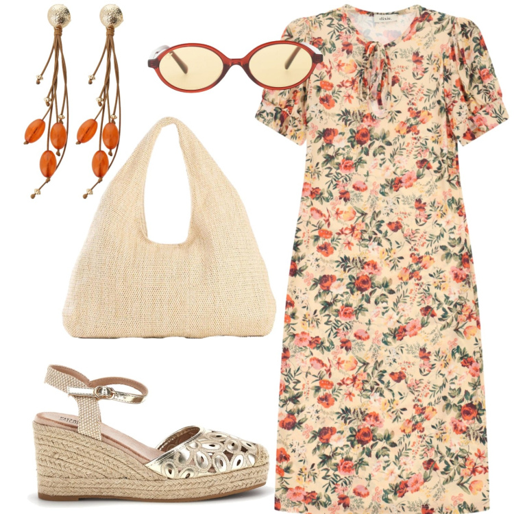 Outfit donna - Golden hour. Stile Casual chic per Serata fuori. Abbinamento con shopping bag, occhiali da sole, vestiti midi/longuette, orecchini, zeppe.