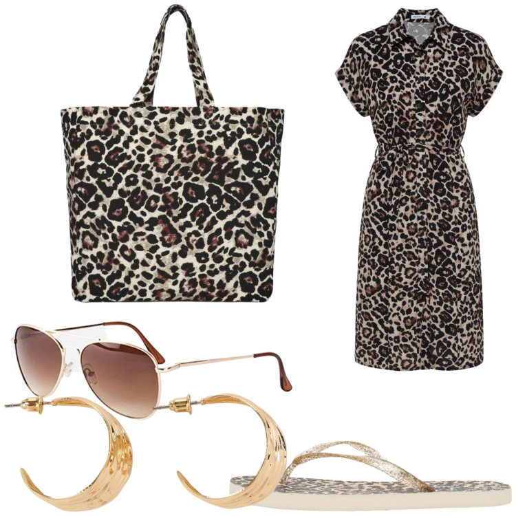 Outfit donna - Luglio leopardato. Stile Glamour per Tutti i giorni. Abbinamento con occhiali da sole, orecchini, vestiti chemisier, infradito, shopping bag.