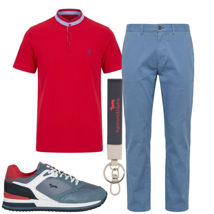 Outfit uomo - Luglio. Stile Casual per Tutti i giorni. Abbinamento con pantaloni, portachiavi, sneakers, polo.