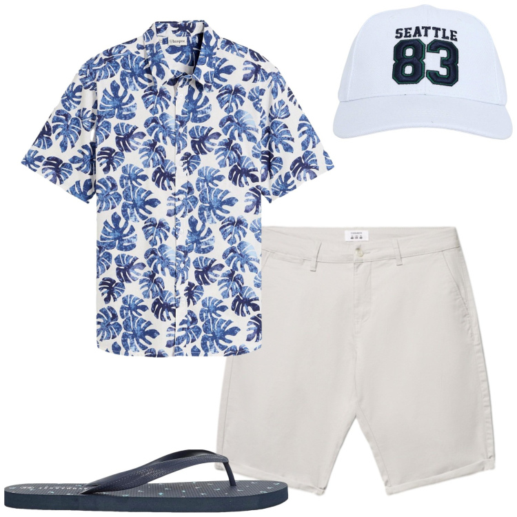 Outfit uomo - Mare. Stile Casual per Mare. Abbinamento con camicie a manica corta, shorts, cappelli, sandali.