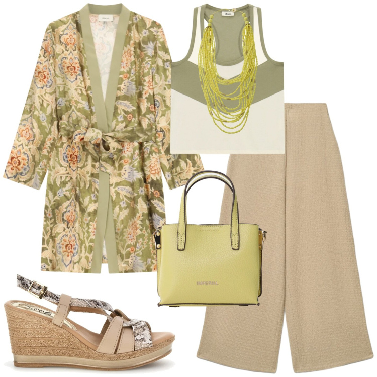 Outfit donna - Serata al tramonto. Stile Etnico per Serata fuori. Abbinamento con pantaloni a palazzo, cappotti, top, borse a tracolla, collane, zeppe.