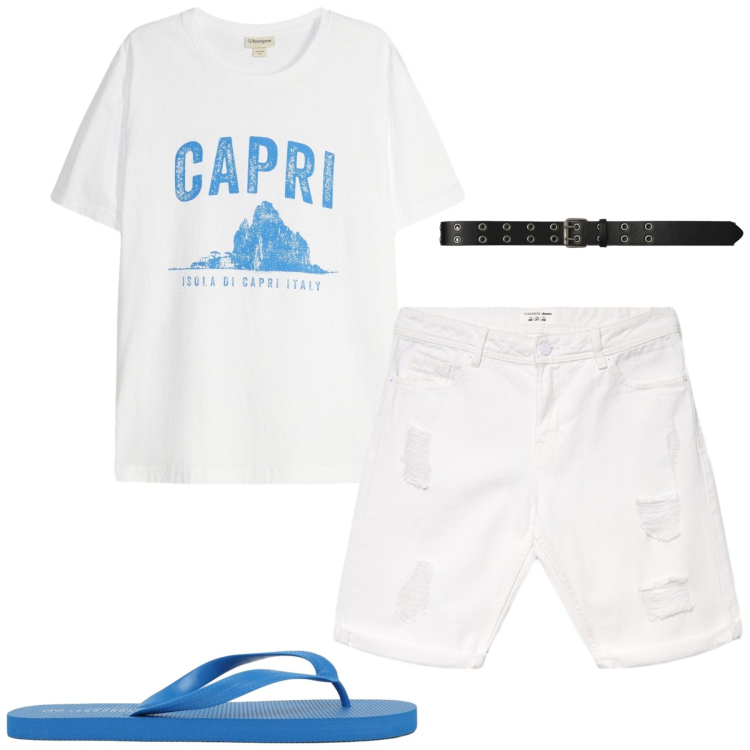 Outfit uomo - Al mare. Stile Casual per Mare. Abbinamento con t-shirt, bermuda, cinture, sandali.